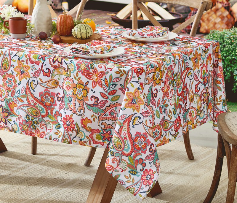 Newbridge Rectangle Fabric Tablecloth, Bohemian Coral Paisley, 60 x 84 Inch, Stain and Water Resistant Heavy Weight Summer Table Cover, Boho Chic Multicolor Floral - Image 1